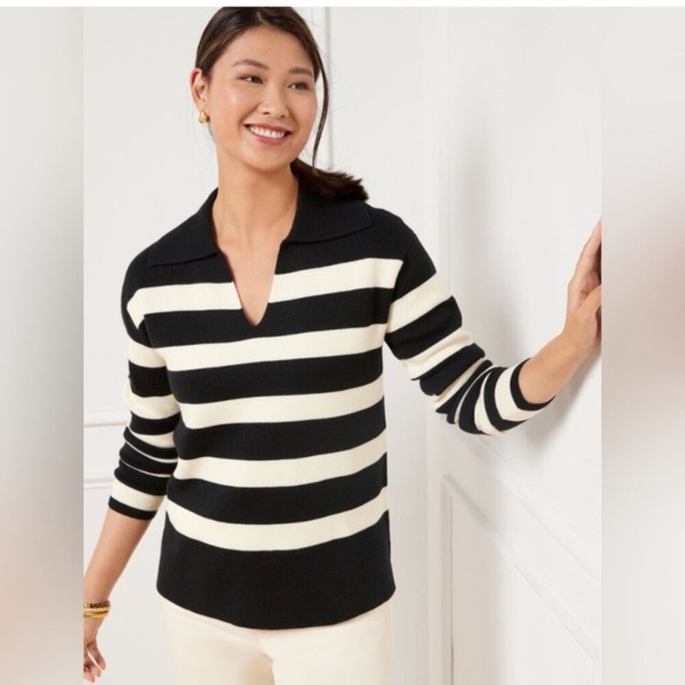 Talbots Milano Stitch Wool Striped Johnny Collar Sweater - Black & Cream/White